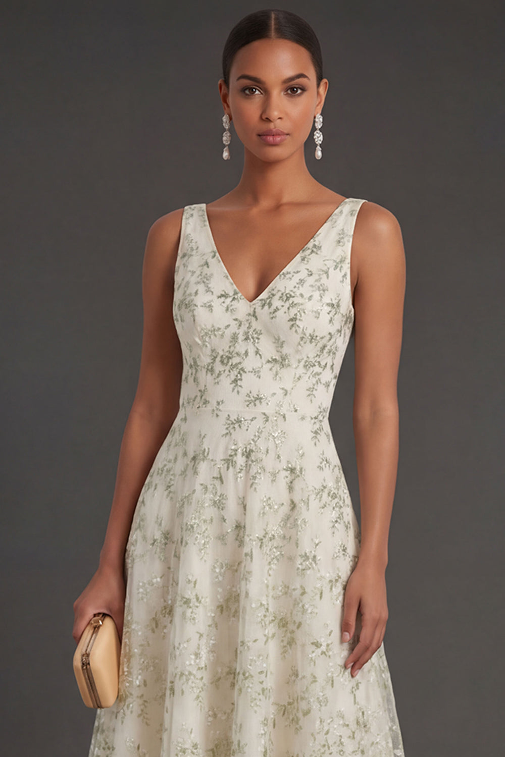 Light Green Floral A Line V Neck Long Formal Dress
