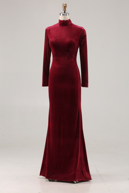 Cabernet High Neck Sweep Train Velvet Mermaid Formal Dress with Sleeves