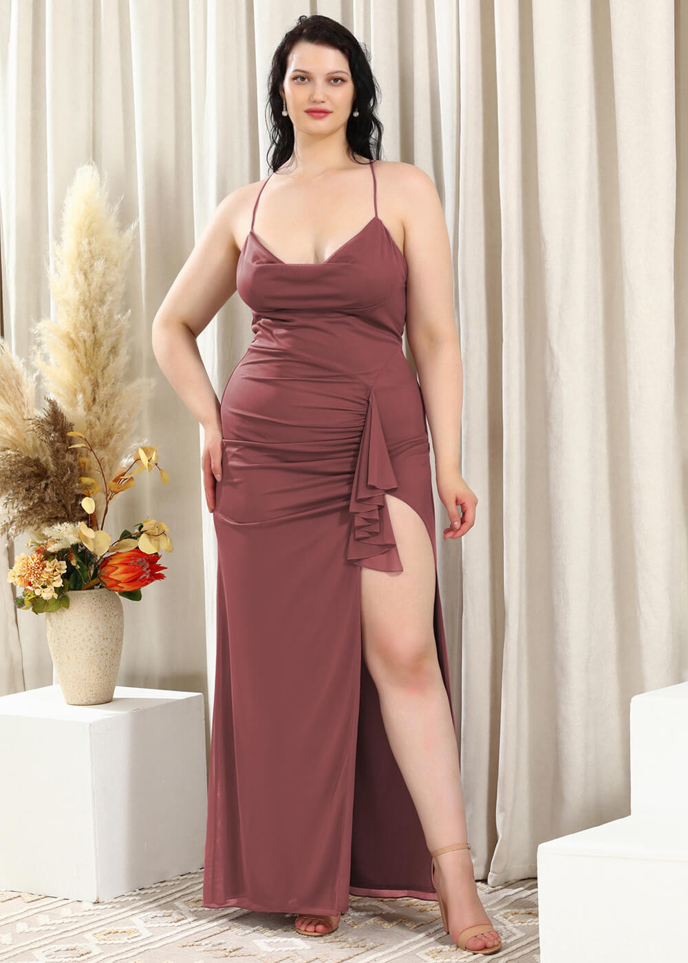 Spaghetti Strap Cowl Neck Cowl Back Sheath Chiffon Bridesmaid Dress
