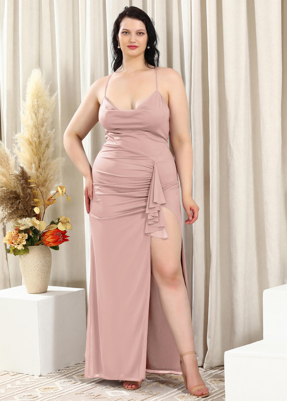Spaghetti Strap Cowl Neck Cowl Back Sheath Chiffon Bridesmaid Dress