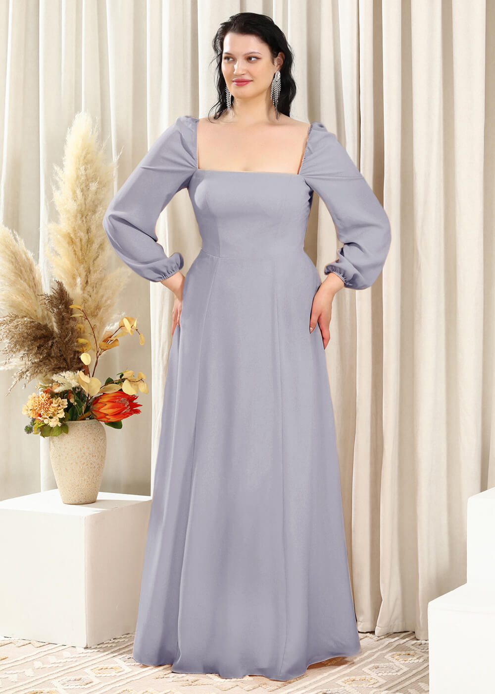 Square Neck A-line Long Sleeve Chiffon Bridesmaid Dress