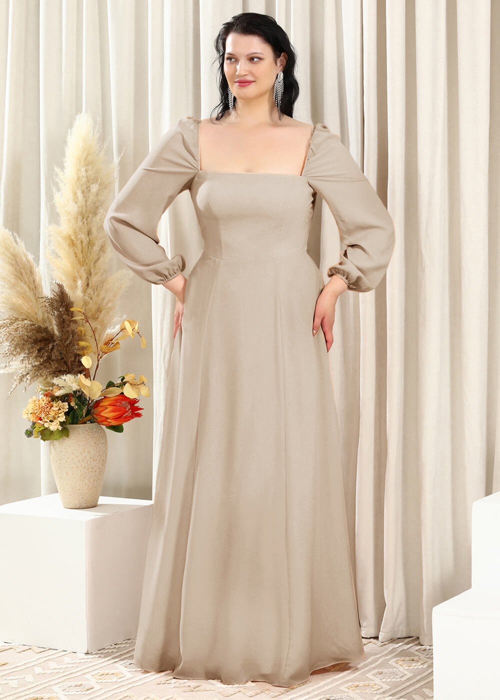 Square Neck A-line Long Sleeve Chiffon Bridesmaid Dress