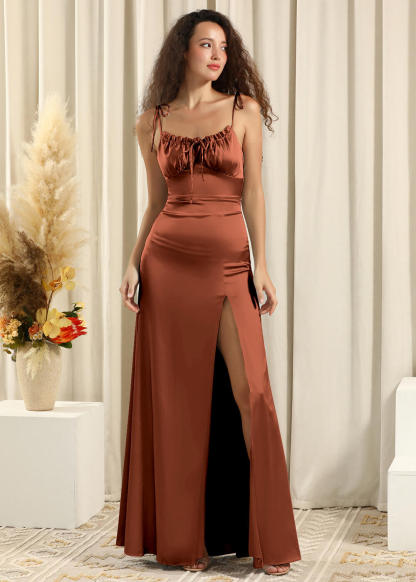 Adjustable Spaghetti Strap Satin Sheath Long Split Bridesmaid Dress