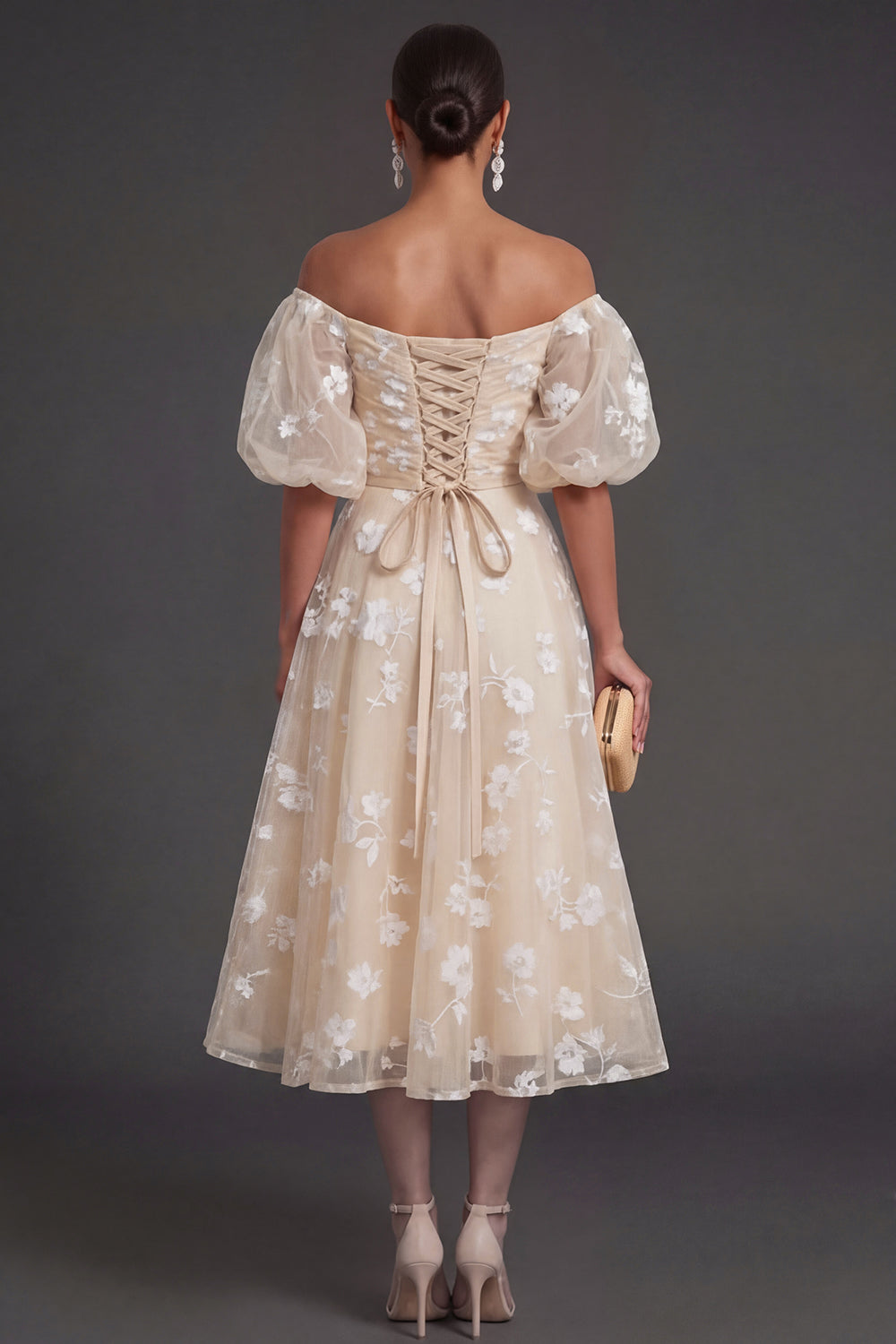White Floral Appliqued Off the Shoulder Midi Beach Engagement Dress