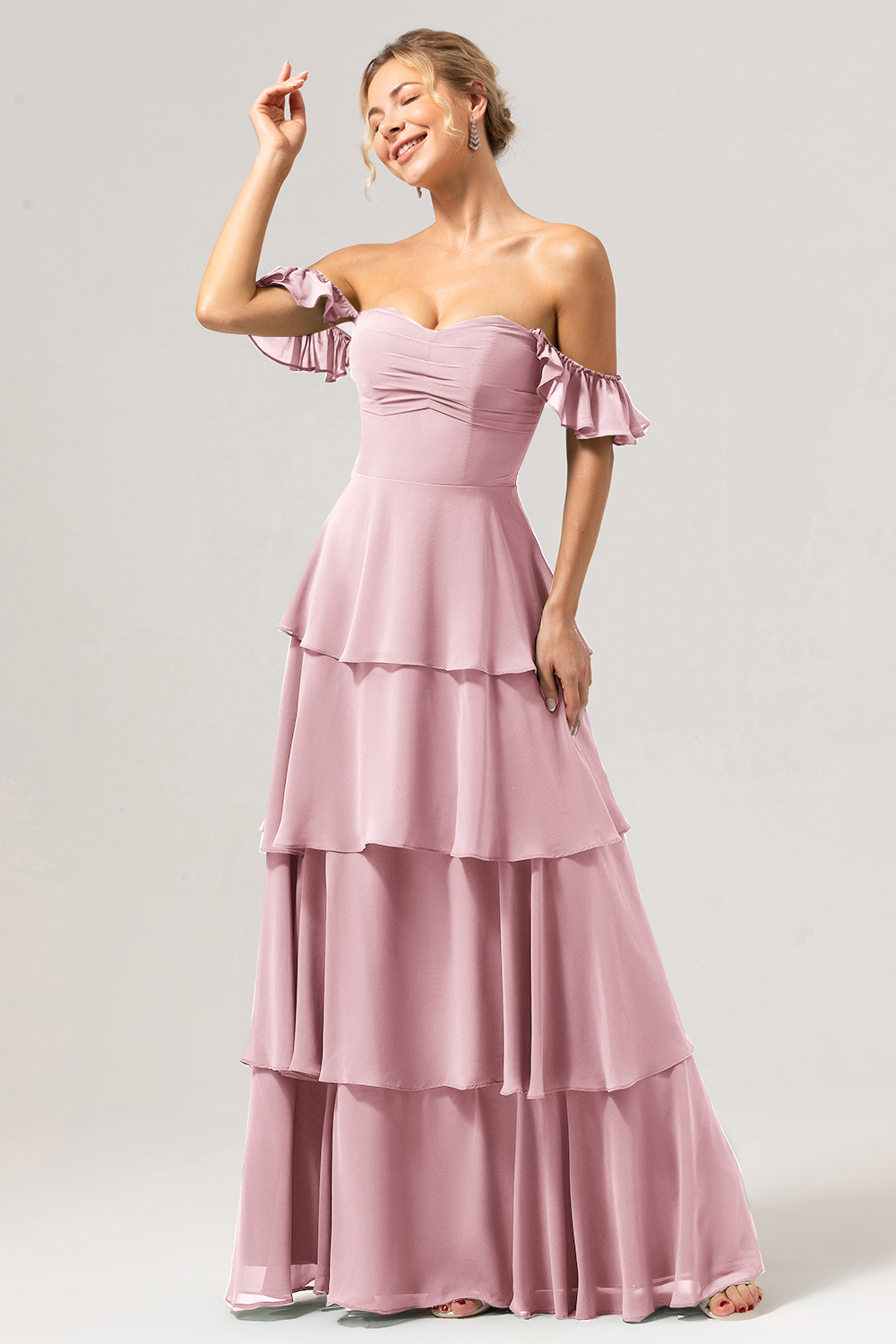 Eucalyptus Off the Shoulder Sweetheart Tiered A-Line Bridesmaid Dress