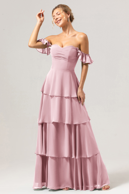 Eucalyptus Off the Shoulder Sweetheart Tiered A-Line Bridesmaid Dress