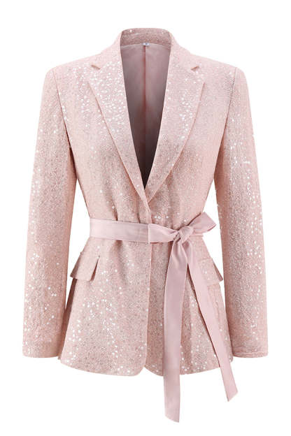 Sparkly Sequin Pink 2 Piece Pencil Midi Prom Suits with Sash