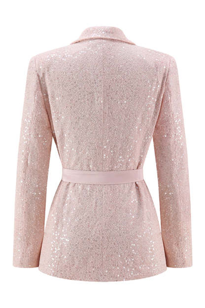 Sparkly Sequin Pink 2 Piece Pencil Midi Prom Suits with Sash