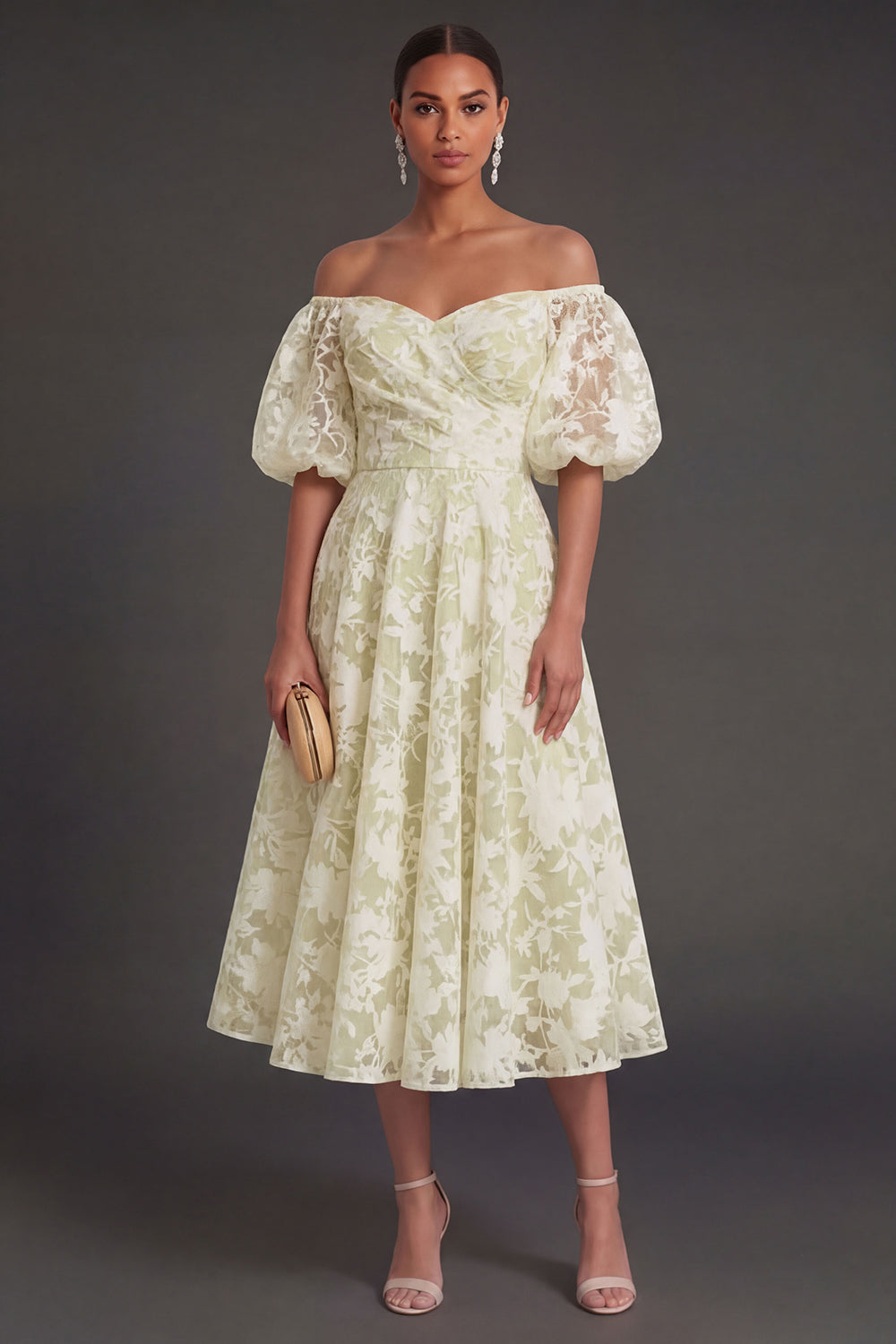 A Line Puff Sleeves White Floral Long Beach Engagement Dress
