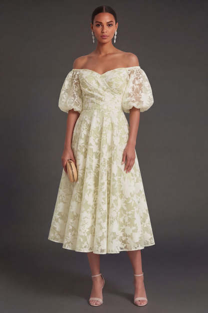 A Line Puff Sleeves White Floral Long Beach Engagement Dress
