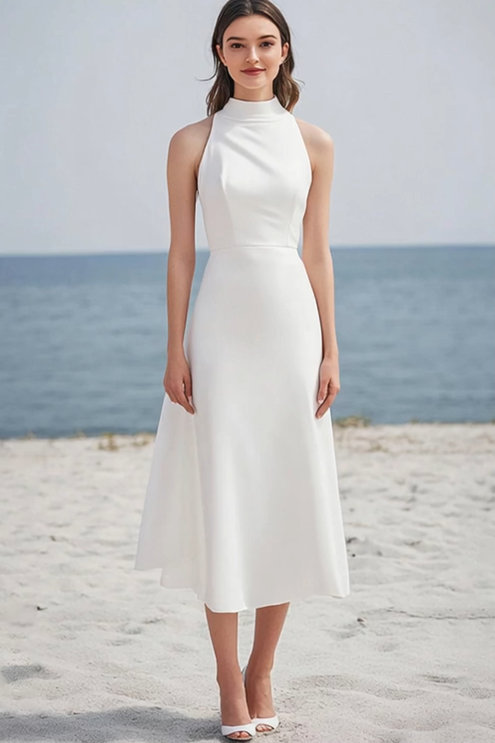 Ivory High Neck Satin Maxi Rehearsal Dinner Dress