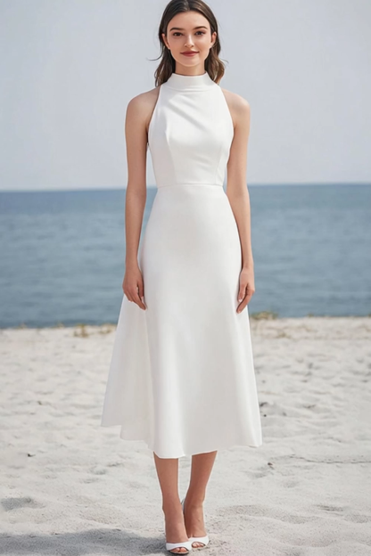 Ivory High Neck Satin Maxi Rehearsal Dinner Dress