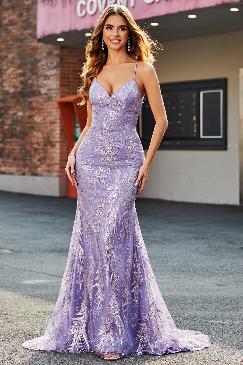 Leely Women Sparkly Lilac Long Prom Dress Mermaid Spaghetti Straps Formal Dress With Beading