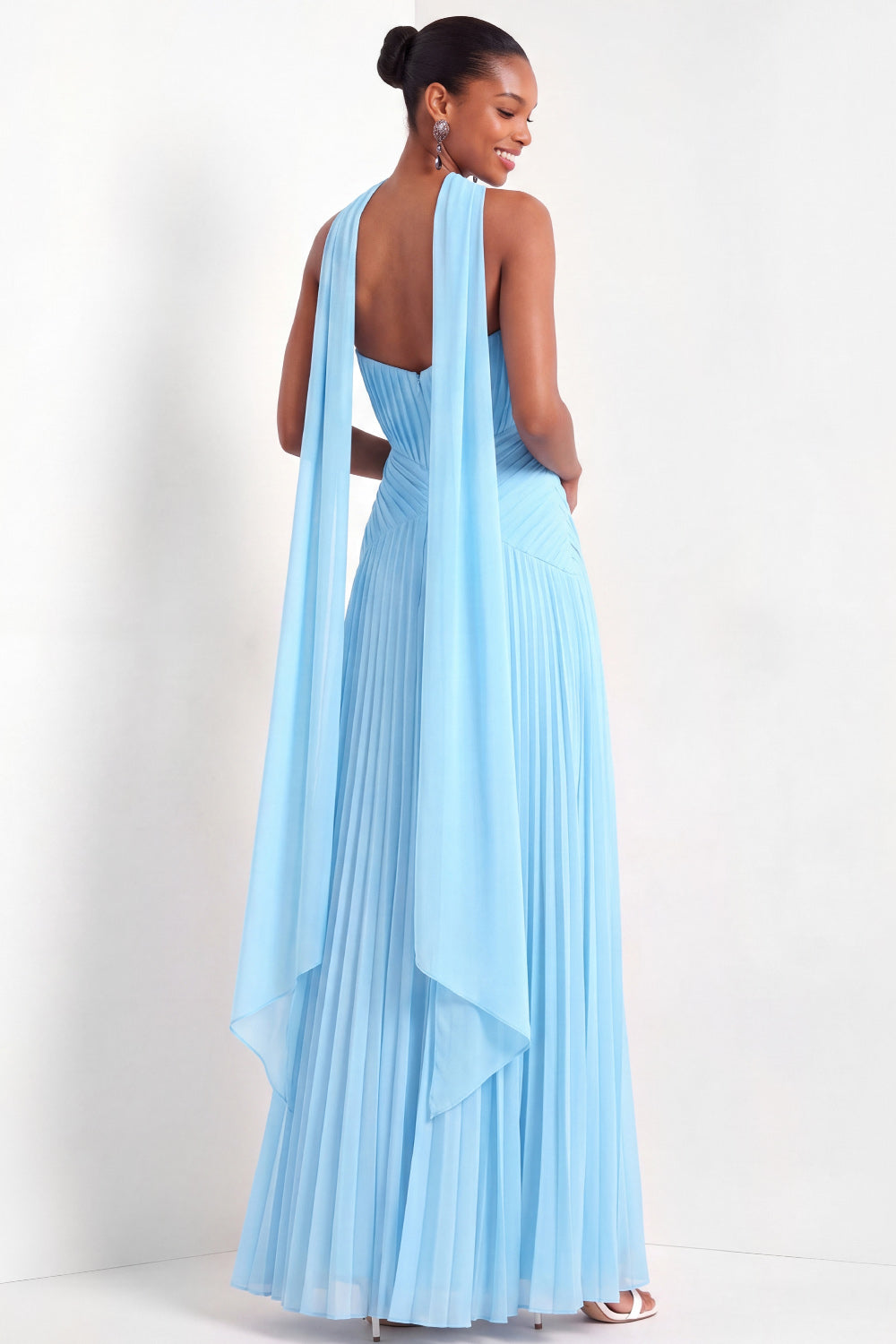 White Pleated A Line Sweetheart Long Wedding Reception Dress with Neck Scarf