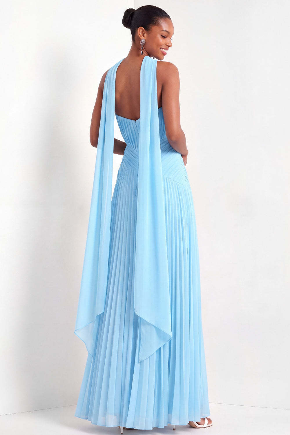 White Pleated A Line Sweetheart Long Wedding Reception Dress with Neck Scarf