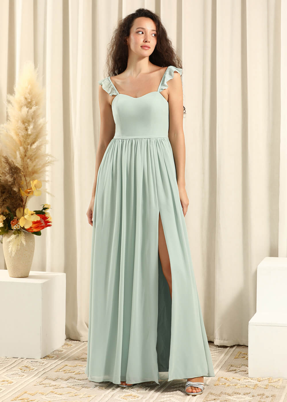 Sweetheart Neck Strap With Ruffles A-line Chiffon Long Bridesmaid Dres