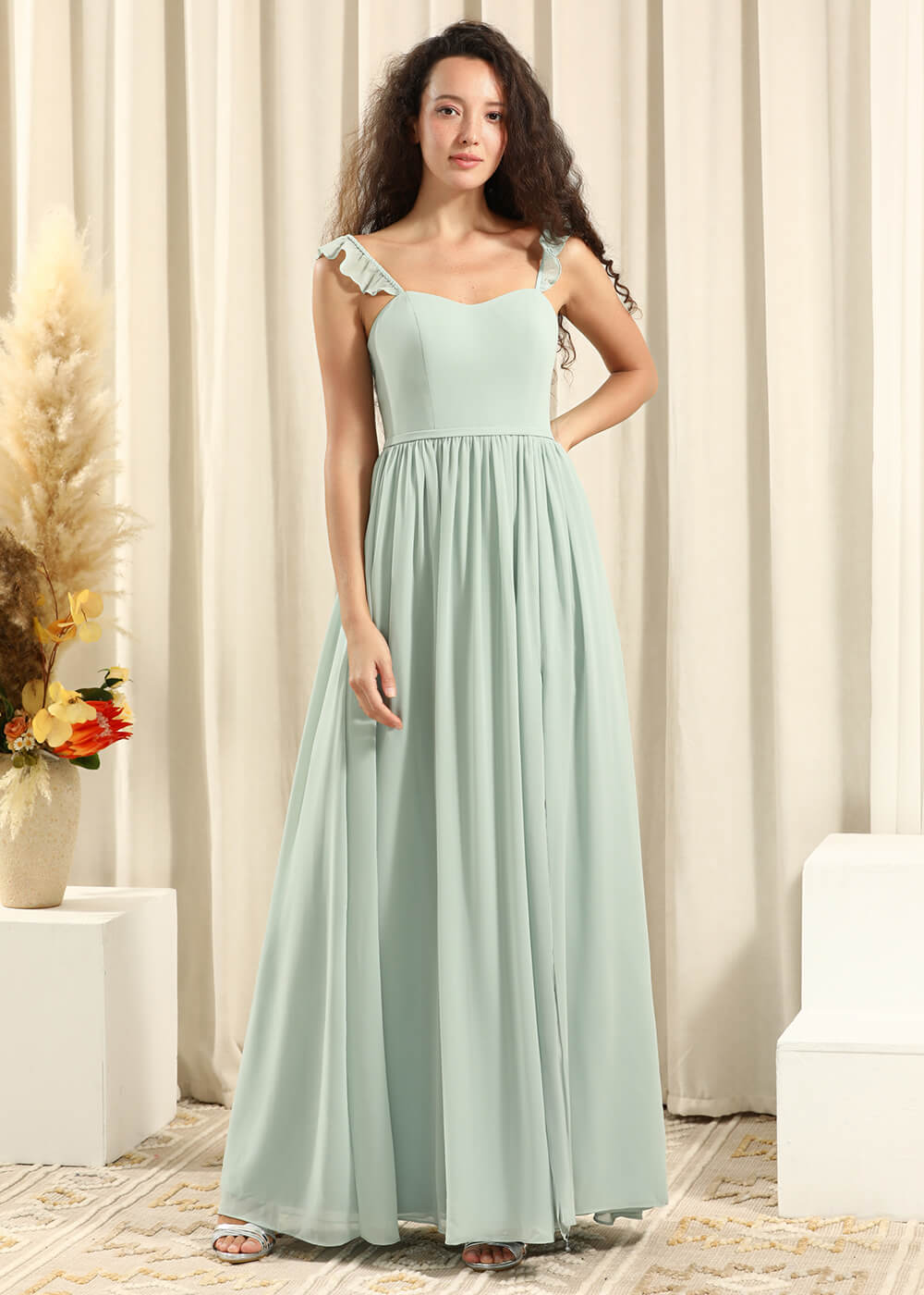 Sweetheart Neck Strap With Ruffles A-line Chiffon Long Bridesmaid Dresses