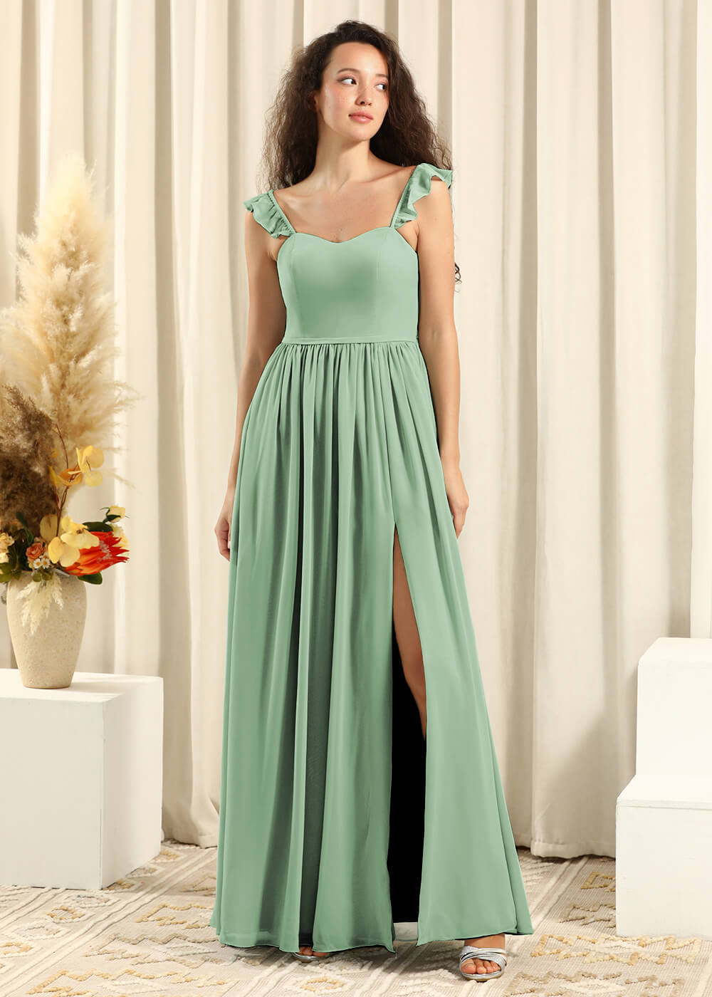 Sweetheart Neck Strap With Ruffles A-line Chiffon Long Bridesmaid Dresses