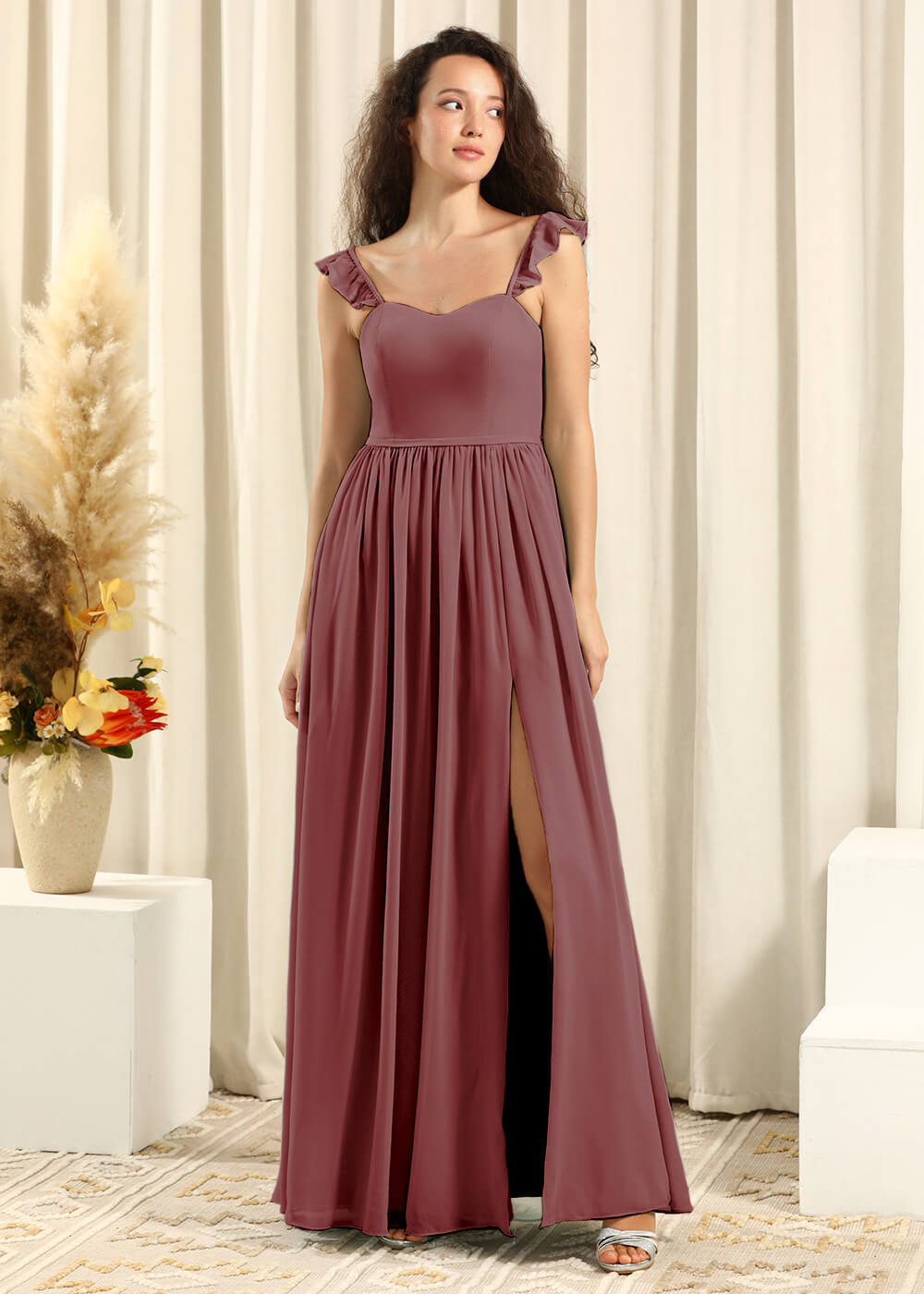 Sweetheart Neck Strap With Ruffles A-line Chiffon Long Bridesmaid Dresses