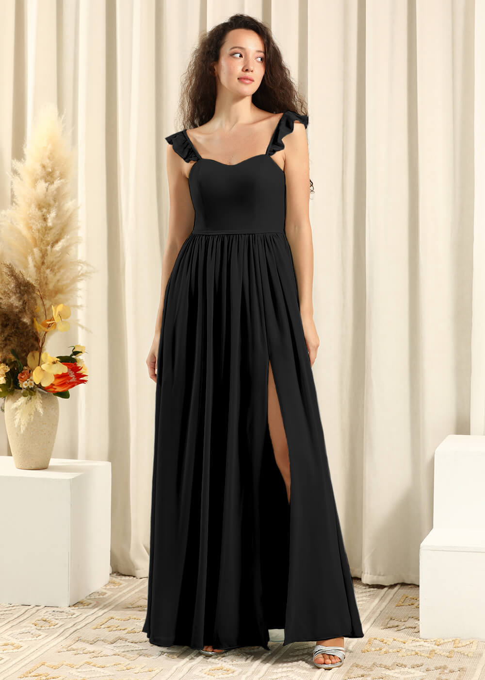 Sweetheart Neck Strap With Ruffles A-line Chiffon Long Bridesmaid Dresses
