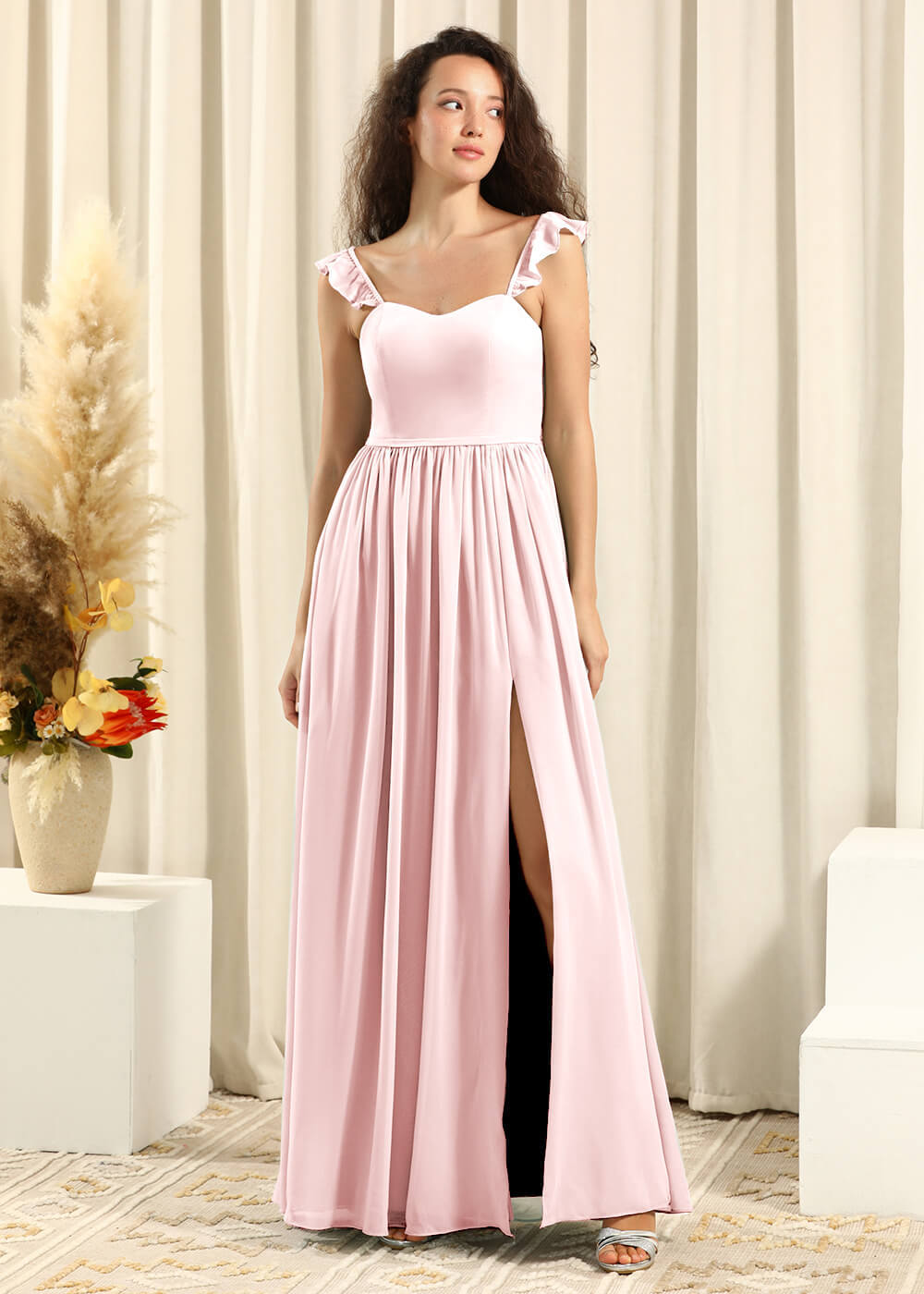 Sweetheart Neck Strap With Ruffles A-line Chiffon Long Bridesmaid Dresses