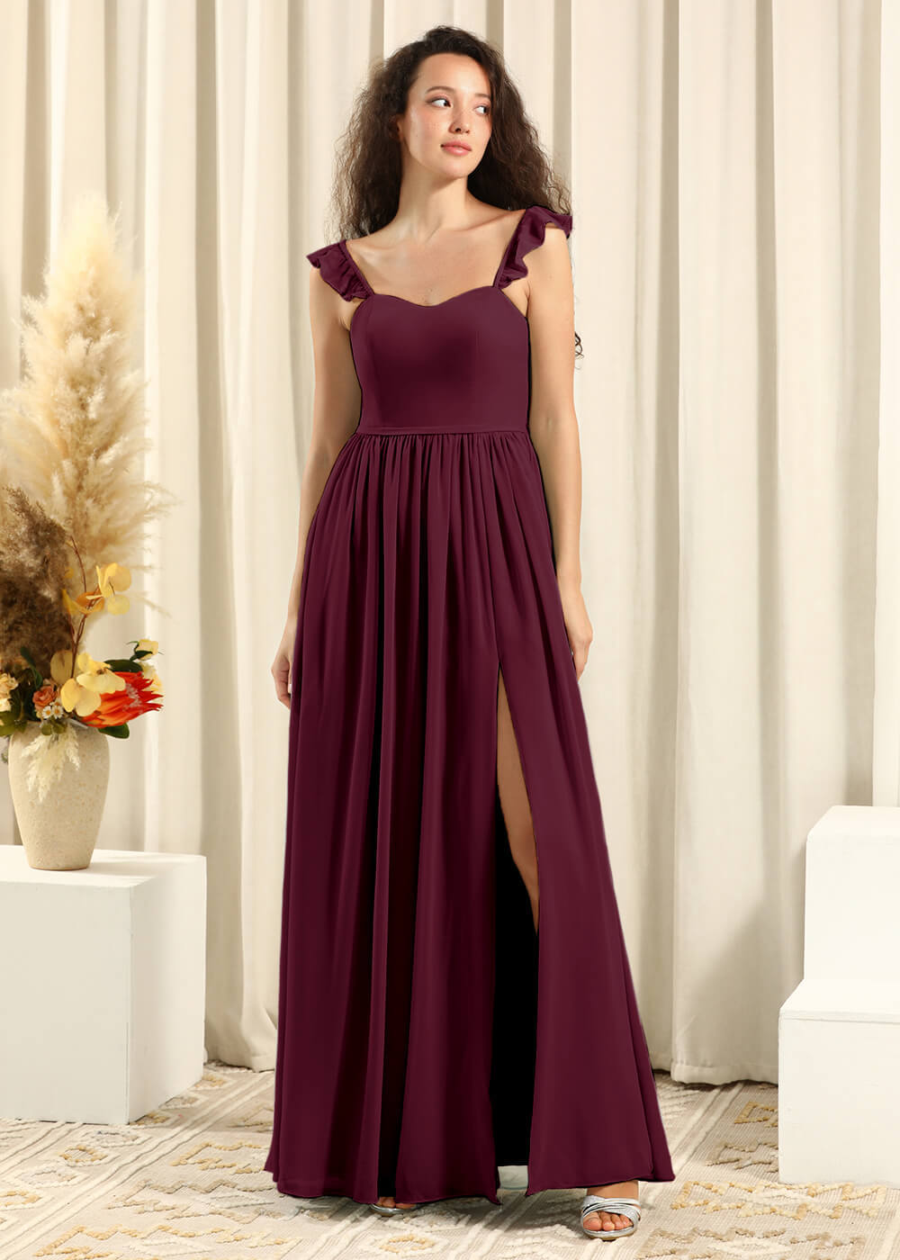 Sweetheart Neck Strap With Ruffles A-line Chiffon Long Bridesmaid Dresses