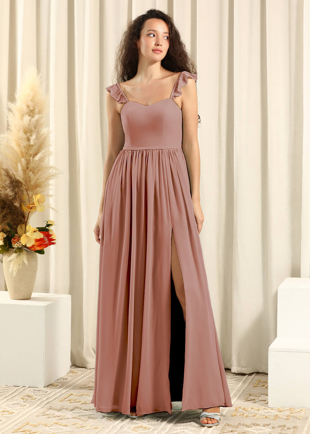 Sweetheart Neck Strap With Ruffles A-line Chiffon Long Bridesmaid Dresses