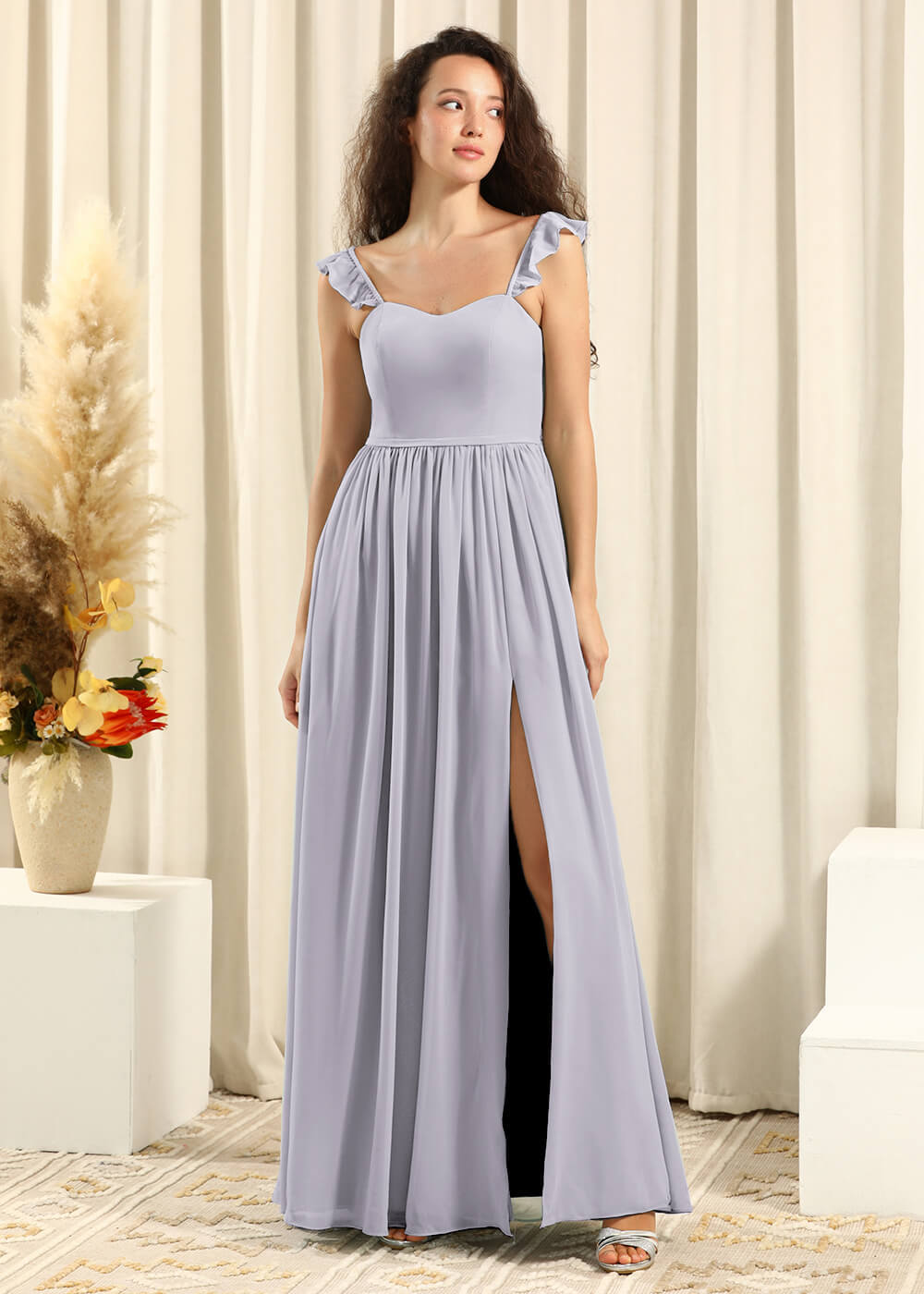 Sweetheart Neck Strap With Ruffles A-line Chiffon Long Bridesmaid Dresses
