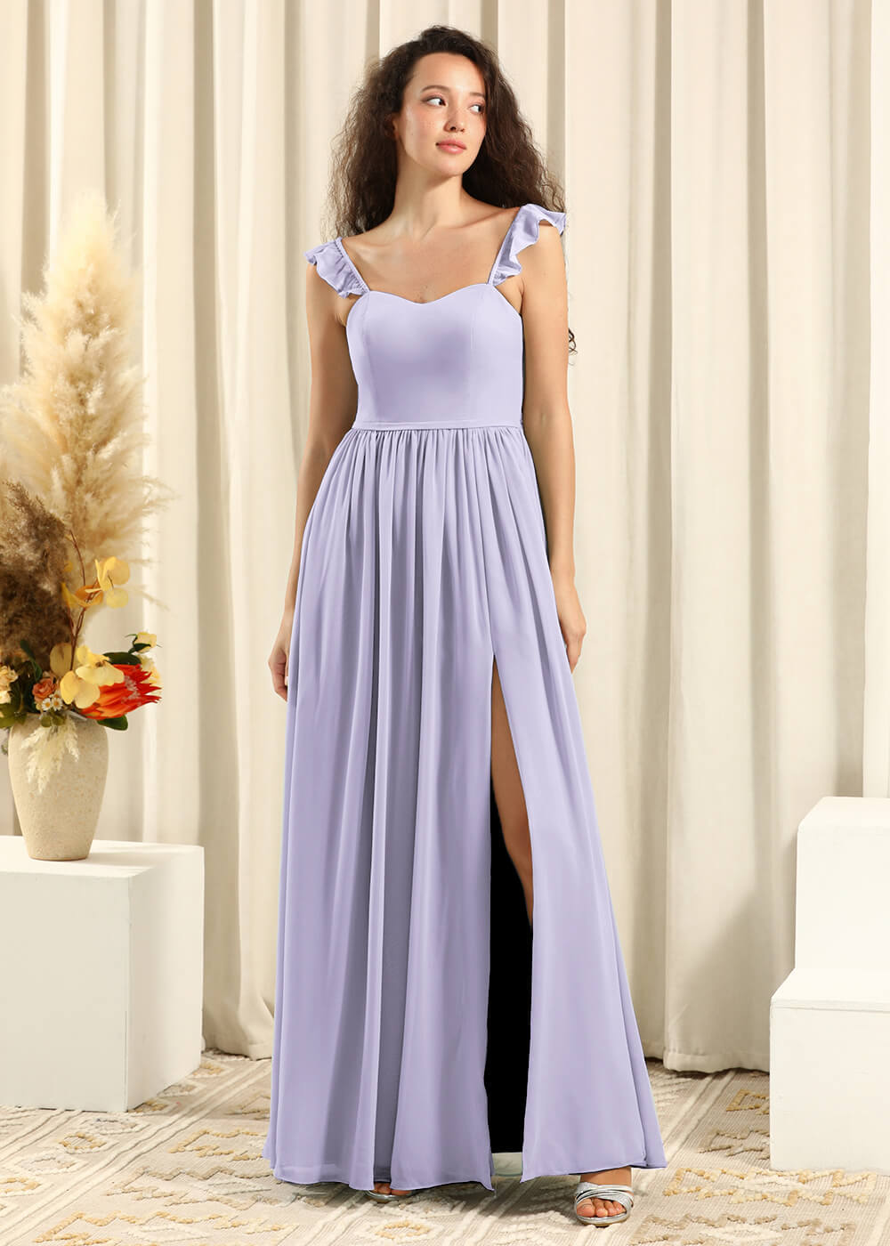 Sweetheart Neck Strap With Ruffles A-line Chiffon Long Bridesmaid Dresses