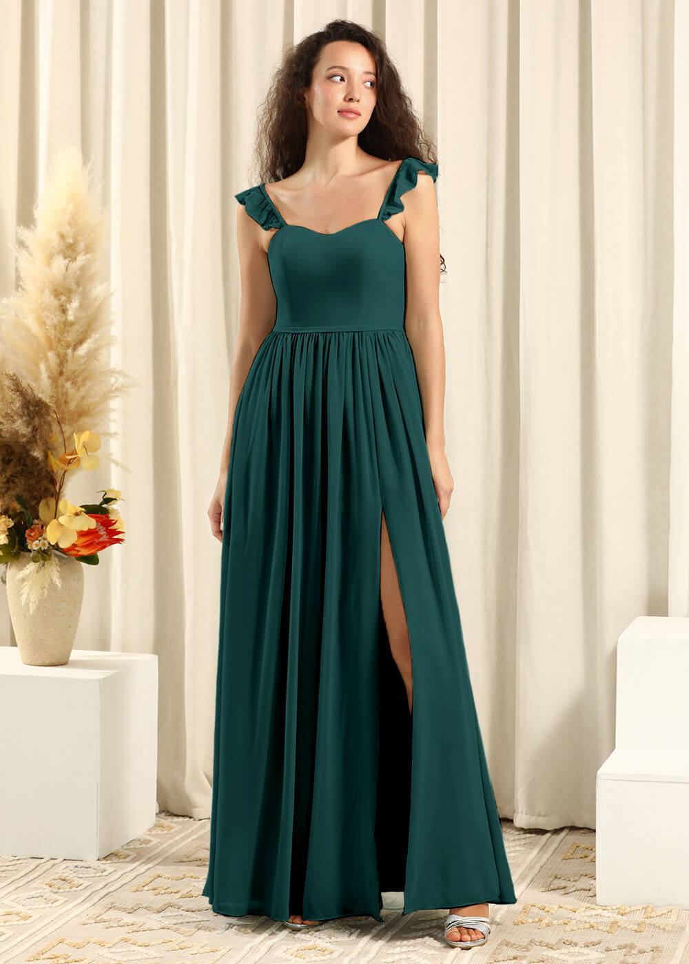 Sweetheart Neck Strap With Ruffles A-line Chiffon Long Bridesmaid Dresses
