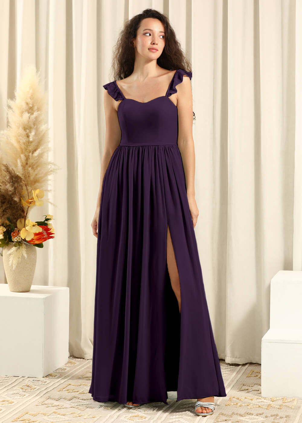 Sweetheart Neck Strap With Ruffles A-line Chiffon Long Bridesmaid Dresses