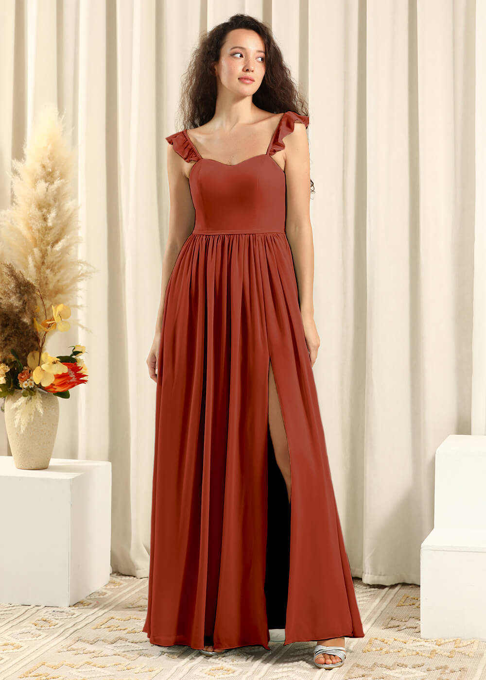 Sweetheart Neck Strap With Ruffles A-line Chiffon Long Bridesmaid Dresses