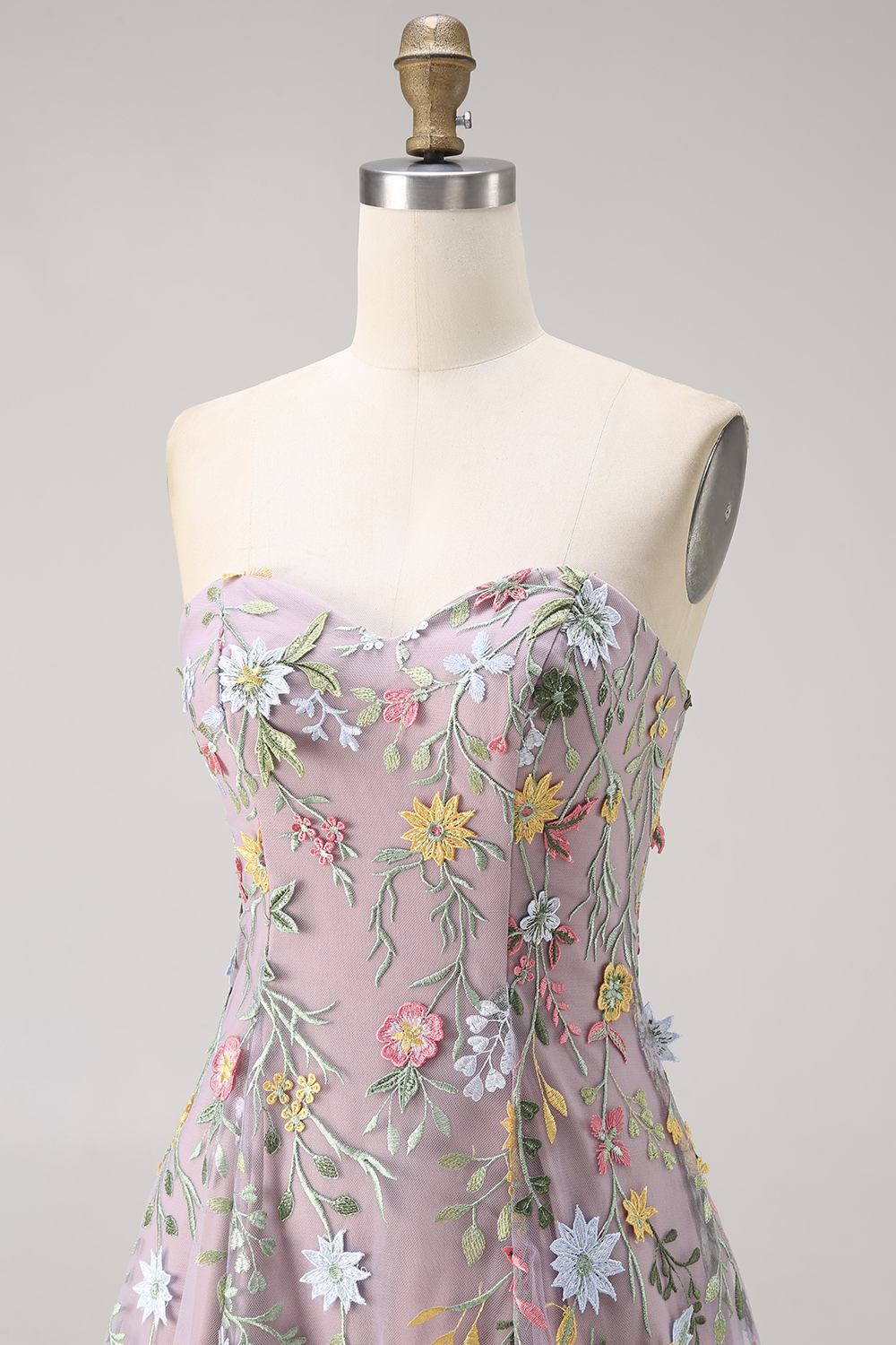 Mauve Floral Sweetheart A Line Embroidered Midi Prom Dress