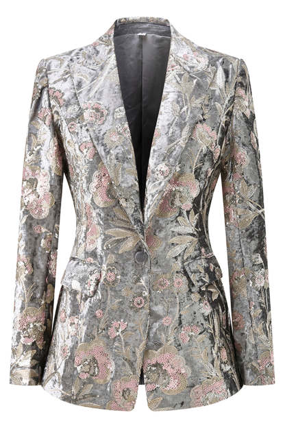 Sparkly Grey Peak Lapel 2 Piece Floral Women Prom Suits with Sequins