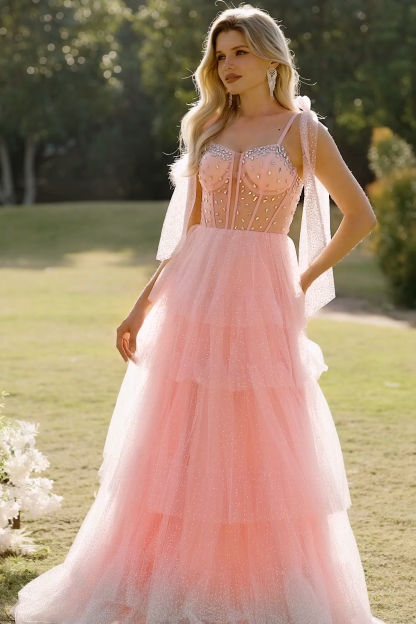 Sparkly Pink Ruffled Beaded Tiered Maxi Corset Prom Dress with Bows