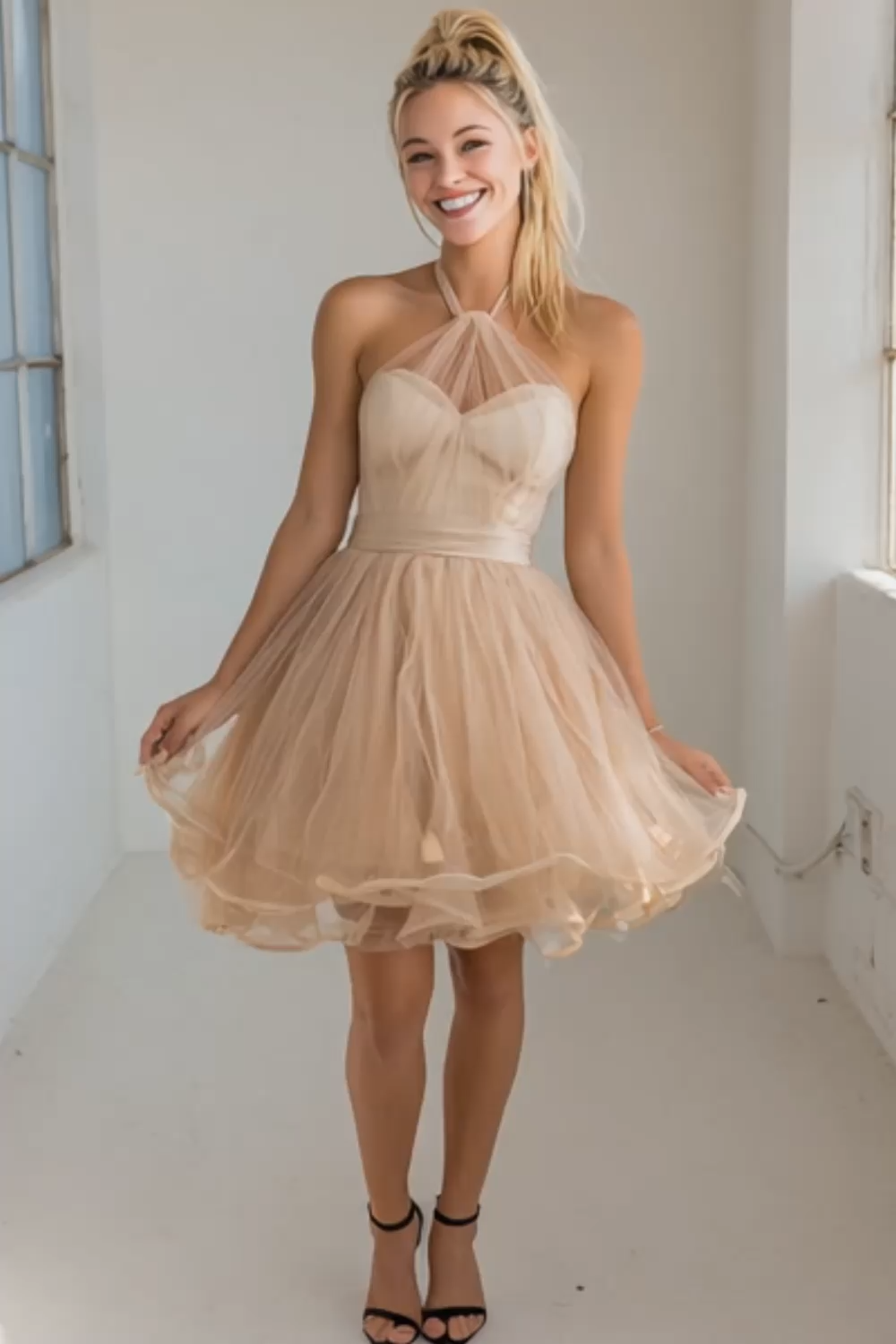 Light Pink Halter A Line Flowy Short Bridesmaid Dress with Bow