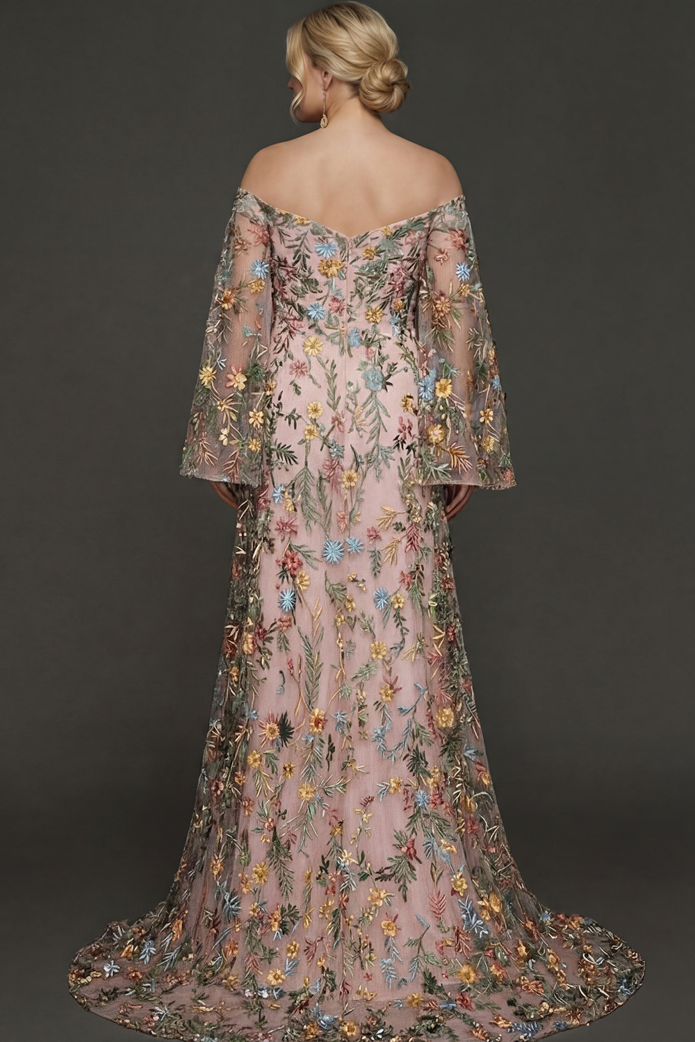 Embroidered Mauve Floral Plus Size Flutter Sleeves Maxi Prom Dress with Slit