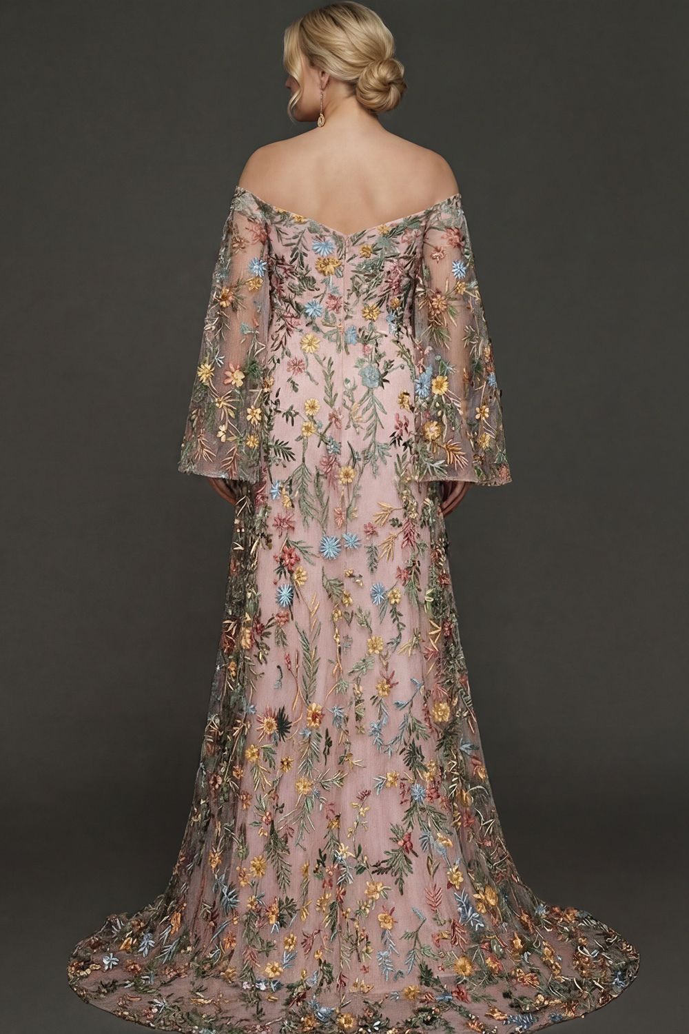 Embroidered Mauve Floral Plus Size Flutter Sleeves Maxi Prom Dress with Slit
