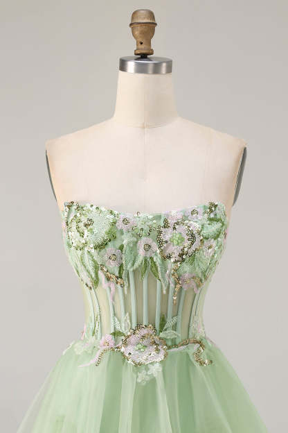 Sparkly Floral Green Tiered Beaded Long Corset Prom Dress with Ruffles