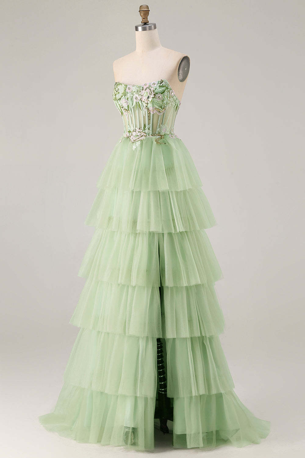 Sparkly Floral Green Tiered Beaded Long Corset Prom Dress with Ruffles