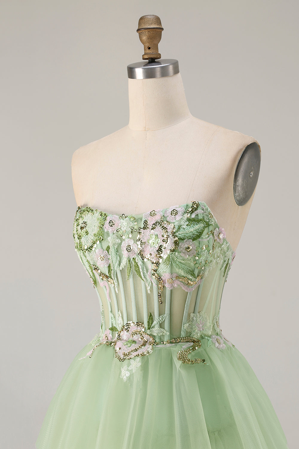 Sparkly Floral Green Tiered Beaded Long Corset Prom Dress with Ruffles