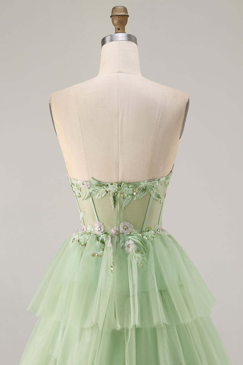 Sparkly Floral Green Tiered Beaded Long Corset Prom Dress with Ruffles