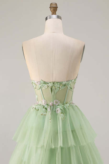 Sparkly Floral Green Tiered Beaded Long Corset Prom Dress with Ruffles