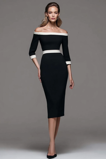 Black and White Patchwork Off the Shoulder Pencil Midi Work Dress with Sleeves