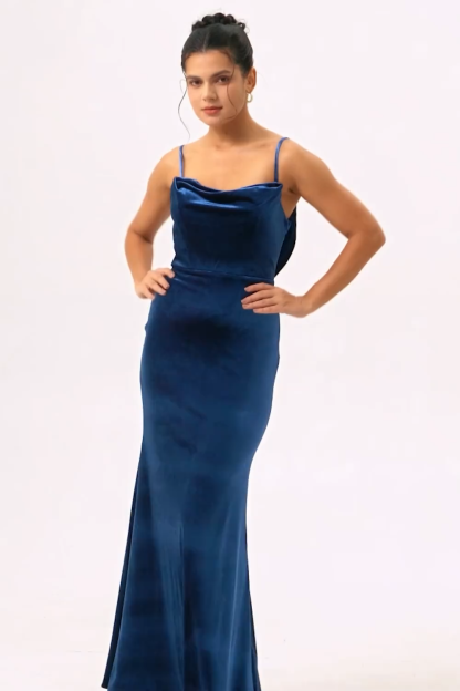 Dark Blue Mermaid Spaghetti Straps Maxi Bridesmaid Dress