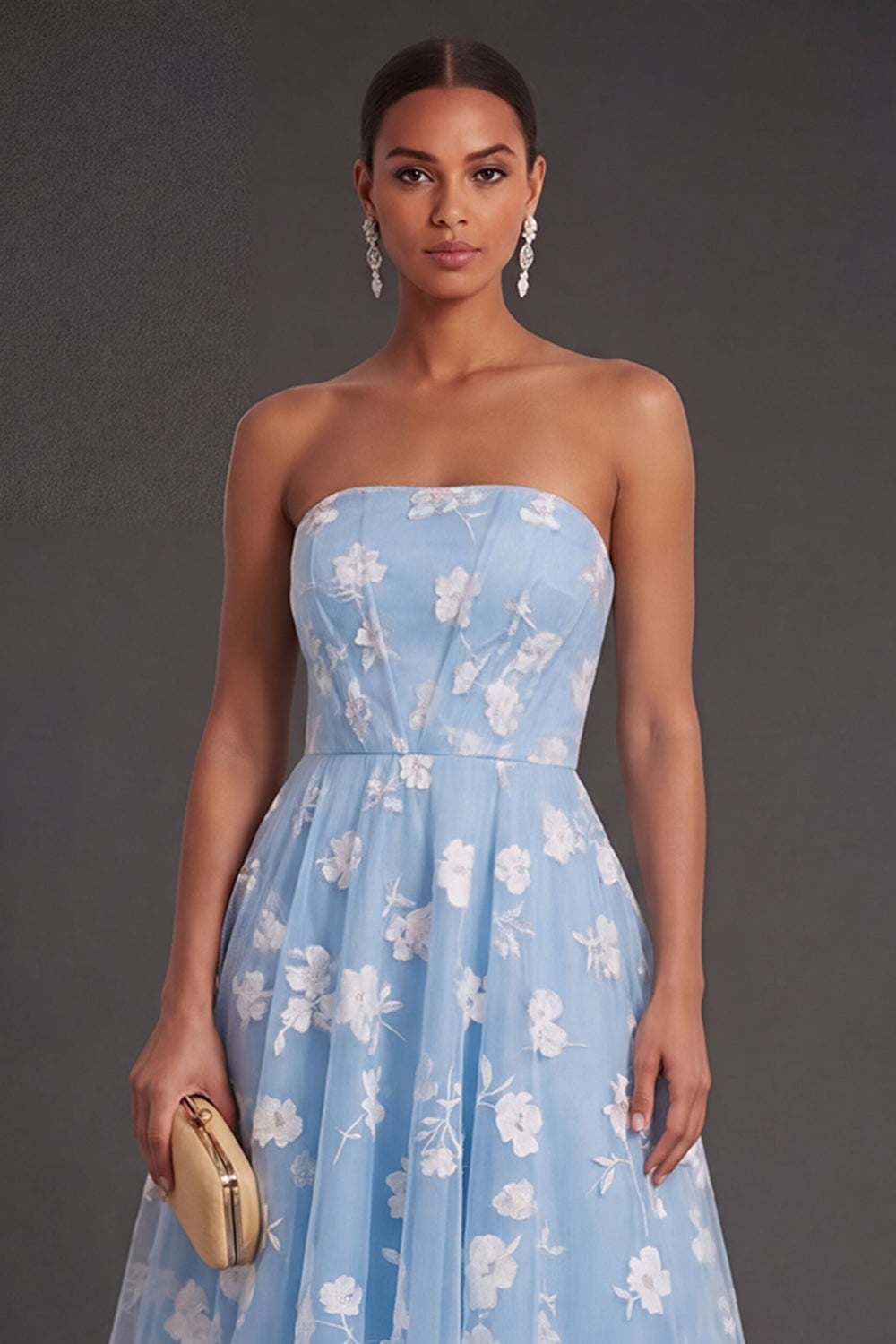White Floral Appliqued Strapless Midi Beach Engagement Dress