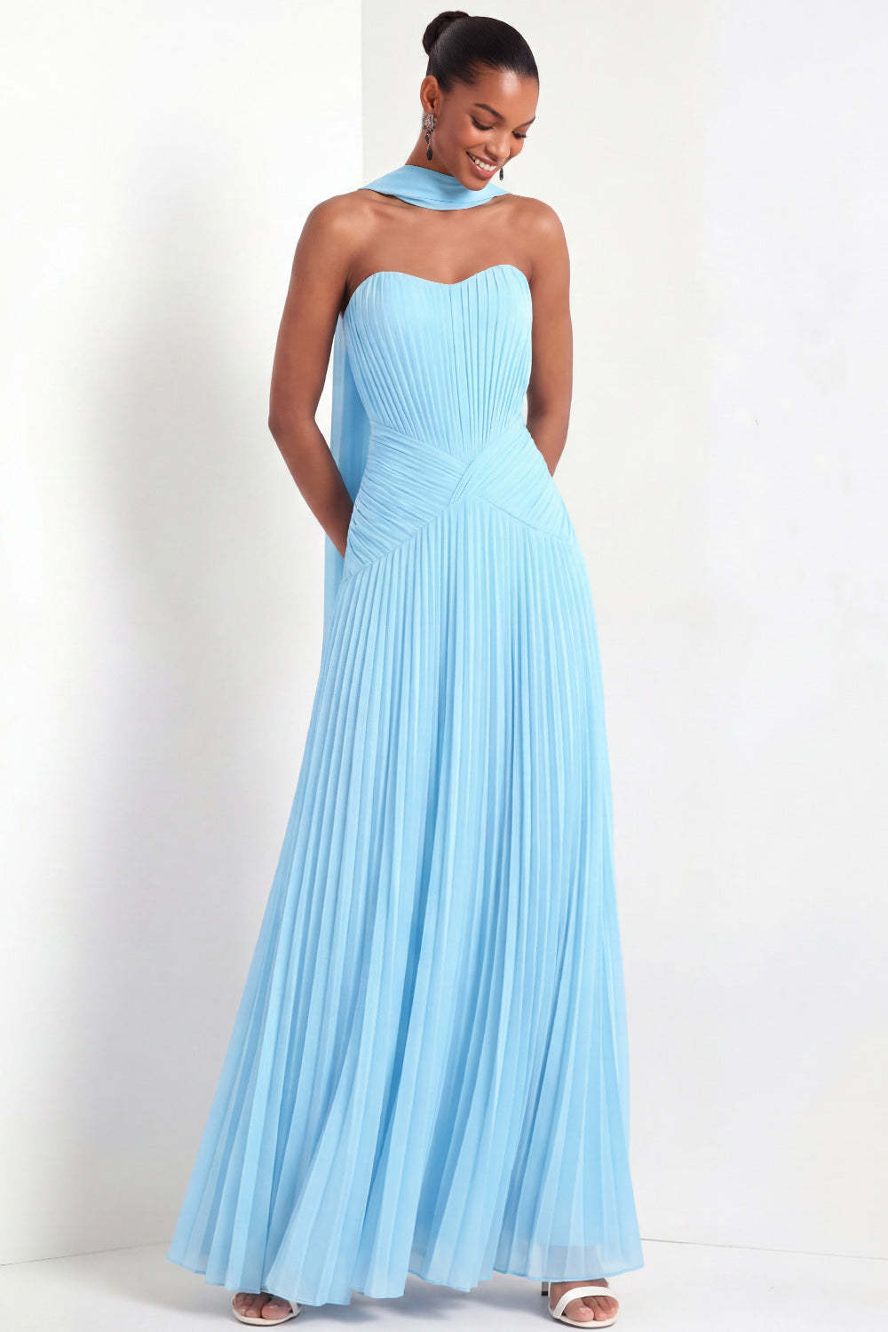 White Pleated A Line Sweetheart Long Wedding Reception Dress with Neck Scarf