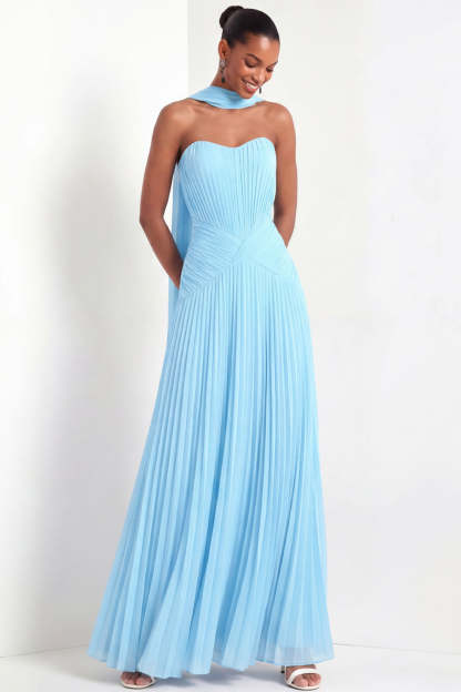 White Pleated A Line Sweetheart Long Wedding Reception Dress with Neck Scarf