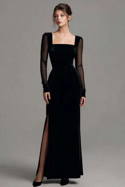 Black Sheath Velvet Square Neck Holiday Party Dress with Slit