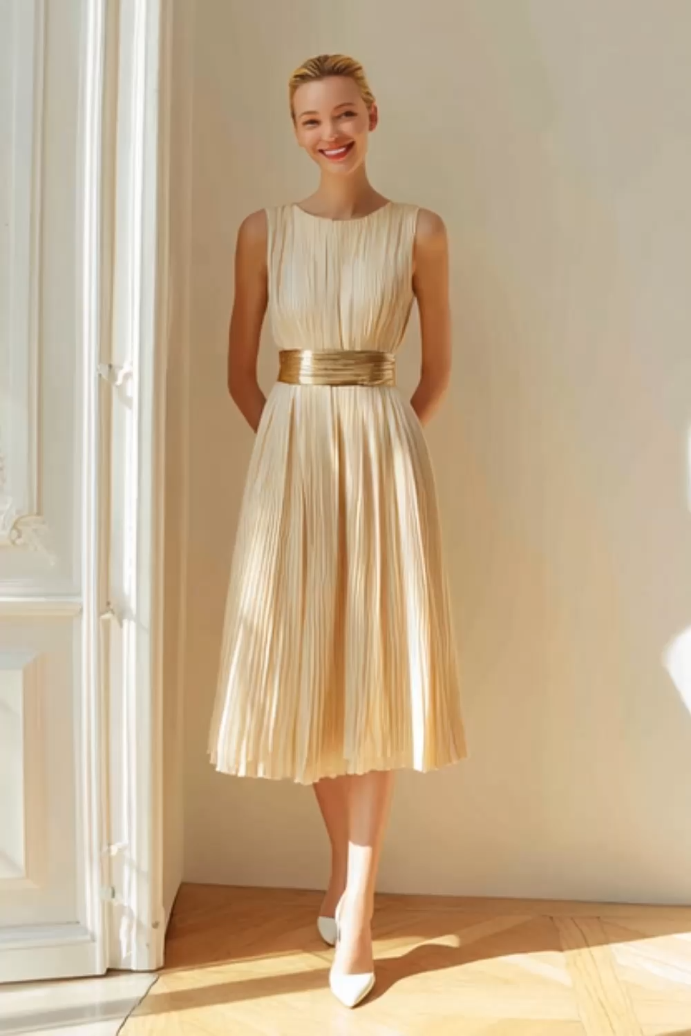 Ivory A Line Boat Neck Pleated Midi Bridesmaid Dress